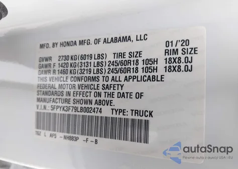 2020 Honda Ridgeline Rtl-E from USA, damaged, VIN 5FPYK3F79LB002474